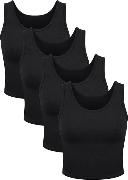 4 Pieces Women Basic Crop Tank Top Short Sleeveless Sports Crop Top Black / Large