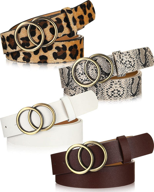 4 Pieces Women Faux Leather Waist Belt for Ladies Jeans Pants with Double O-Ring Buckle Apparel & Accessories > Clothing Accessories > Belts Geyoga Coffee, White  