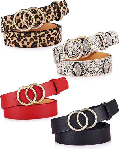 4 Pieces Women Faux Leather Waist Belt for Ladies Jeans Pants with Double O-Ring Buckle Apparel & Accessories > Clothing Accessories > Belts Geyoga Red, Black  