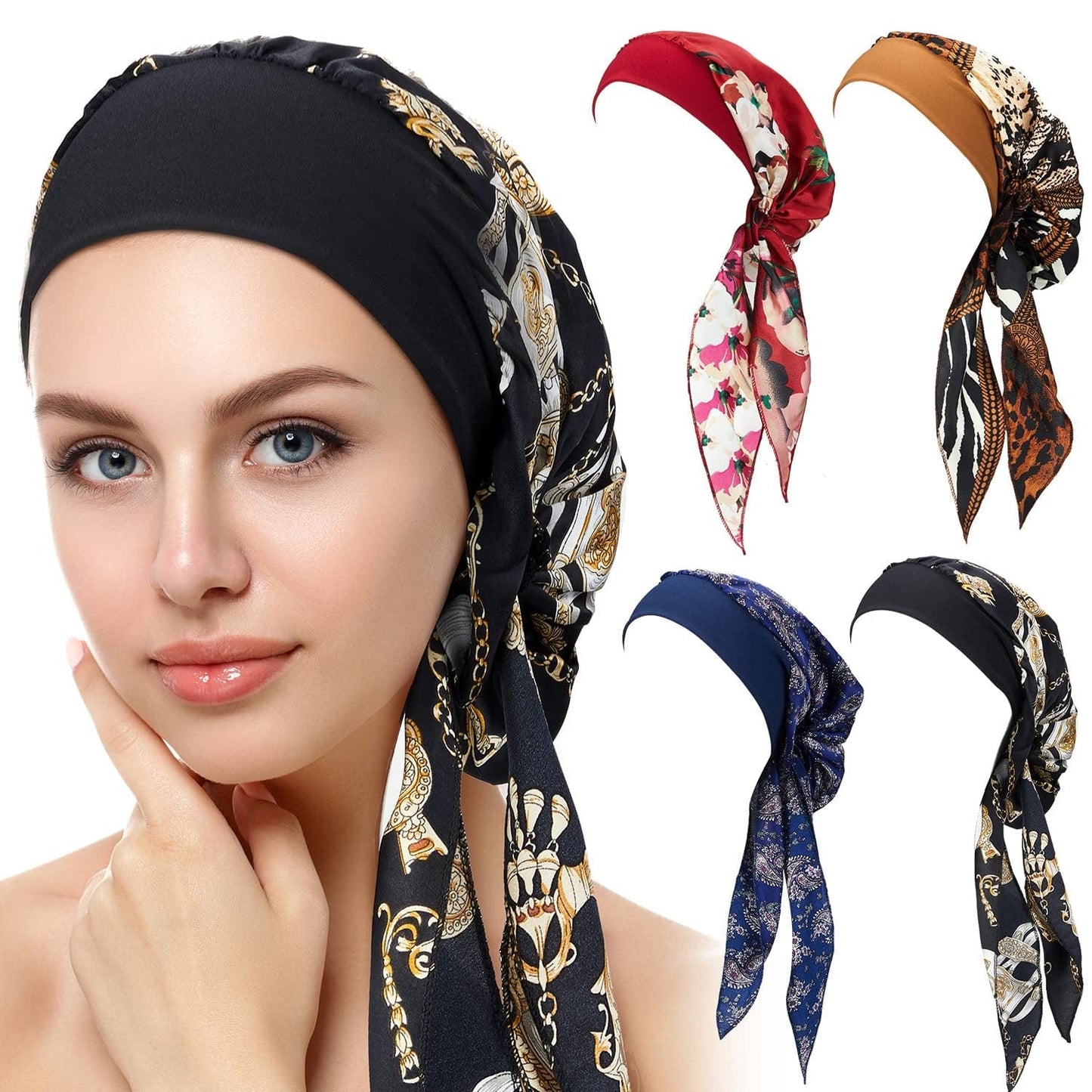 4 Pieces Women Headwear Turbans Silky Head Scarf with Wide Band Printed Sleeping Hat Bonnet Hair Cover Apparel & Accessories > Clothing Accessories > Headwear Syhood   