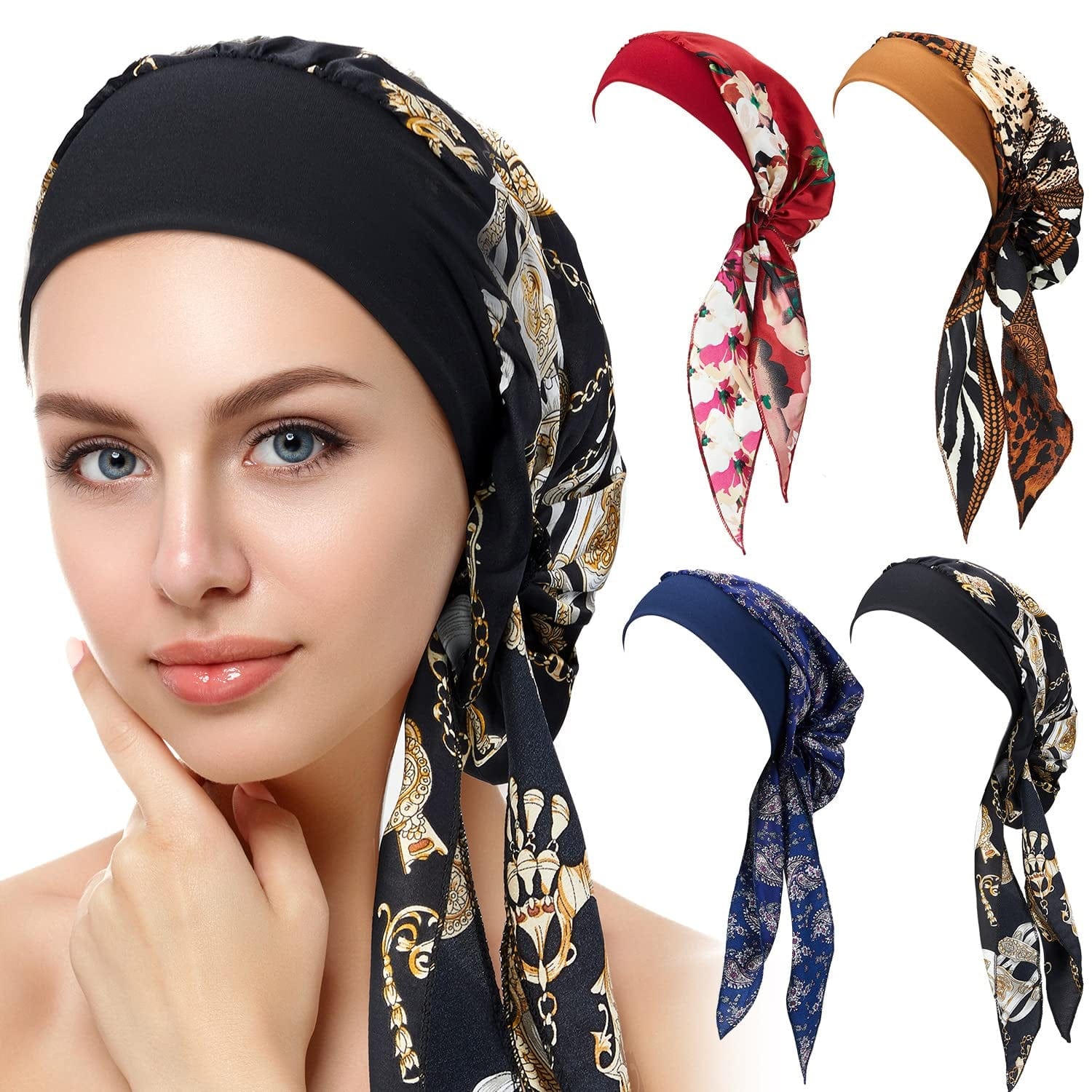 4 Pieces Women Headwear Turbans Silky Head Scarf with Wide Band Printed Sleeping Hat Bonnet Hair Cover Apparel & Accessories > Clothing Accessories > Headwear Syhood   
