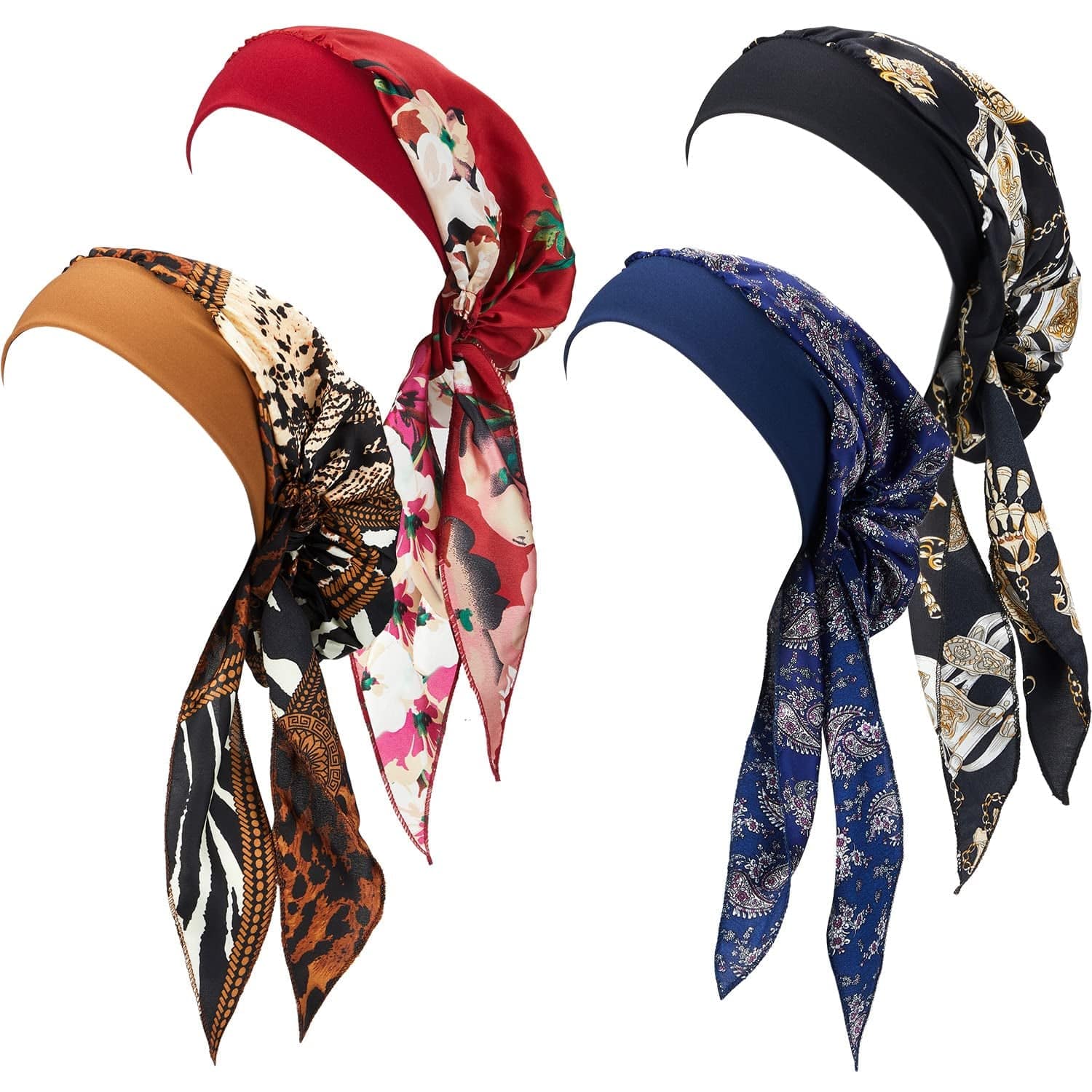 4 Pieces Women Headwear Turbans Silky Head Scarf with Wide Band Printed Sleeping Hat Bonnet Hair Cover Apparel & Accessories > Clothing Accessories > Headwear Syhood   