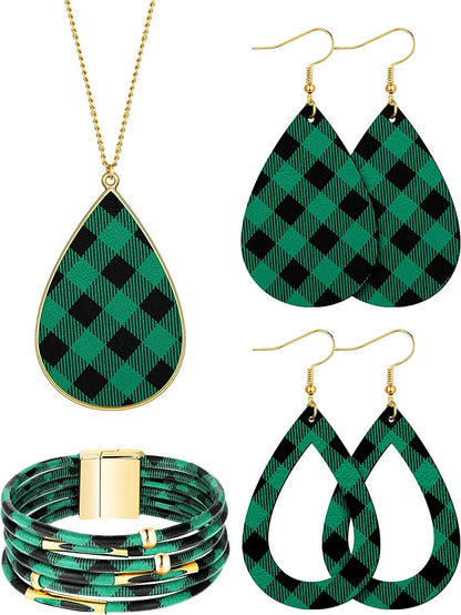 4 Pieces Women'S Glitter Jewelry Set Bridal Wedding Multi-Layer Bracelet Faux Leather Dangle Earrings Necklace Black, Green
