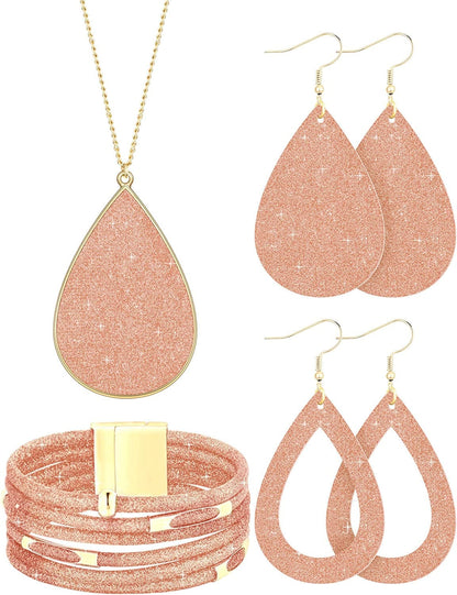 4 Pieces Women'S Glitter Jewelry Set Bridal Wedding Multi-Layer Bracelet Faux Leather Dangle Earrings Necklace Rose Gold