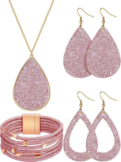 4 Pieces Women'S Glitter Jewelry Set Bridal Wedding Multi-Layer Bracelet Faux Leather Dangle Earrings Necklace Pink