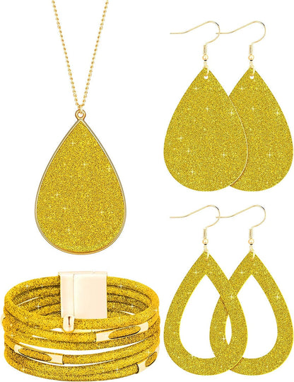 4 Pieces Women'S Glitter Jewelry Set Bridal Wedding Multi-Layer Bracelet Faux Leather Dangle Earrings Necklace Yellow