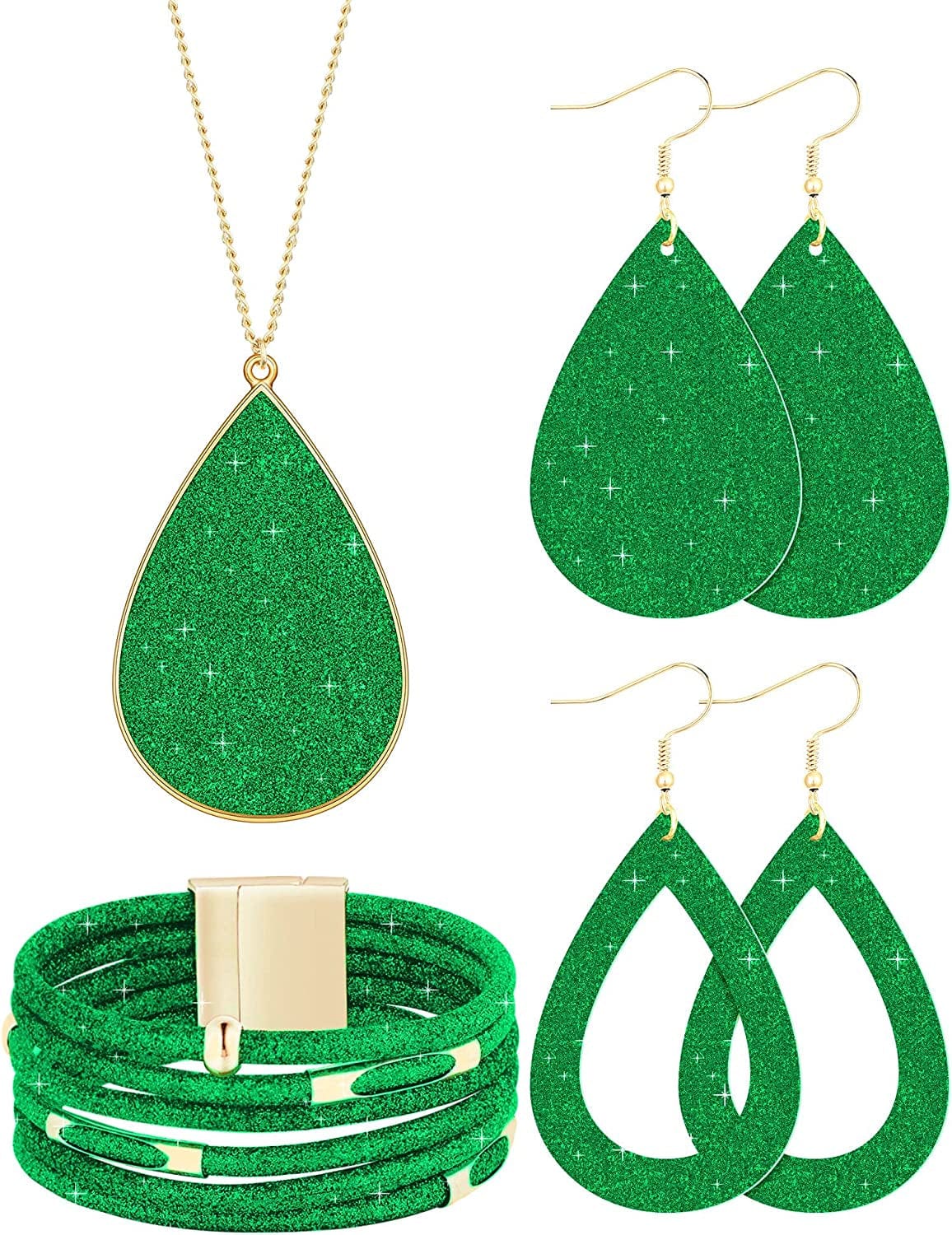 4 Pieces Women'S Glitter Jewelry Set Bridal Wedding Multi-Layer Bracelet Faux Leather Dangle Earrings Necklace Green