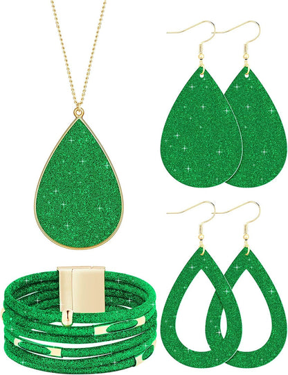 4 Pieces Women'S Glitter Jewelry Set Bridal Wedding Multi-Layer Bracelet Faux Leather Dangle Earrings Necklace Green