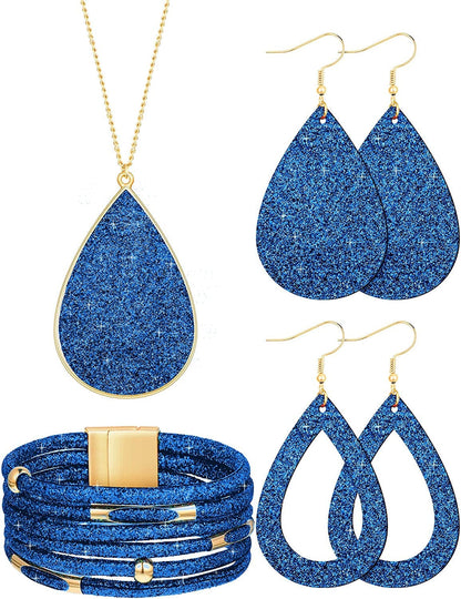 4 Pieces Women'S Glitter Jewelry Set Bridal Wedding Multi-Layer Bracelet Faux Leather Dangle Earrings Necklace Dark Blue