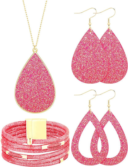 4 Pieces Women'S Glitter Jewelry Set Bridal Wedding Multi-Layer Bracelet Faux Leather Dangle Earrings Necklace Fluorescent Pink