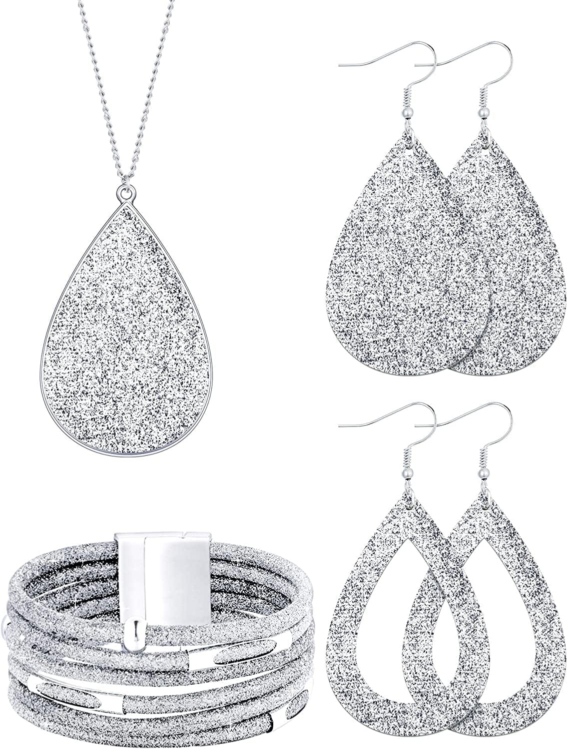 4 Pieces Women'S Glitter Jewelry Set Bridal Wedding Multi-Layer Bracelet Faux Leather Dangle Earrings Necklace Silver