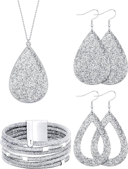 4 Pieces Women'S Glitter Jewelry Set Bridal Wedding Multi-Layer Bracelet Faux Leather Dangle Earrings Necklace Silver