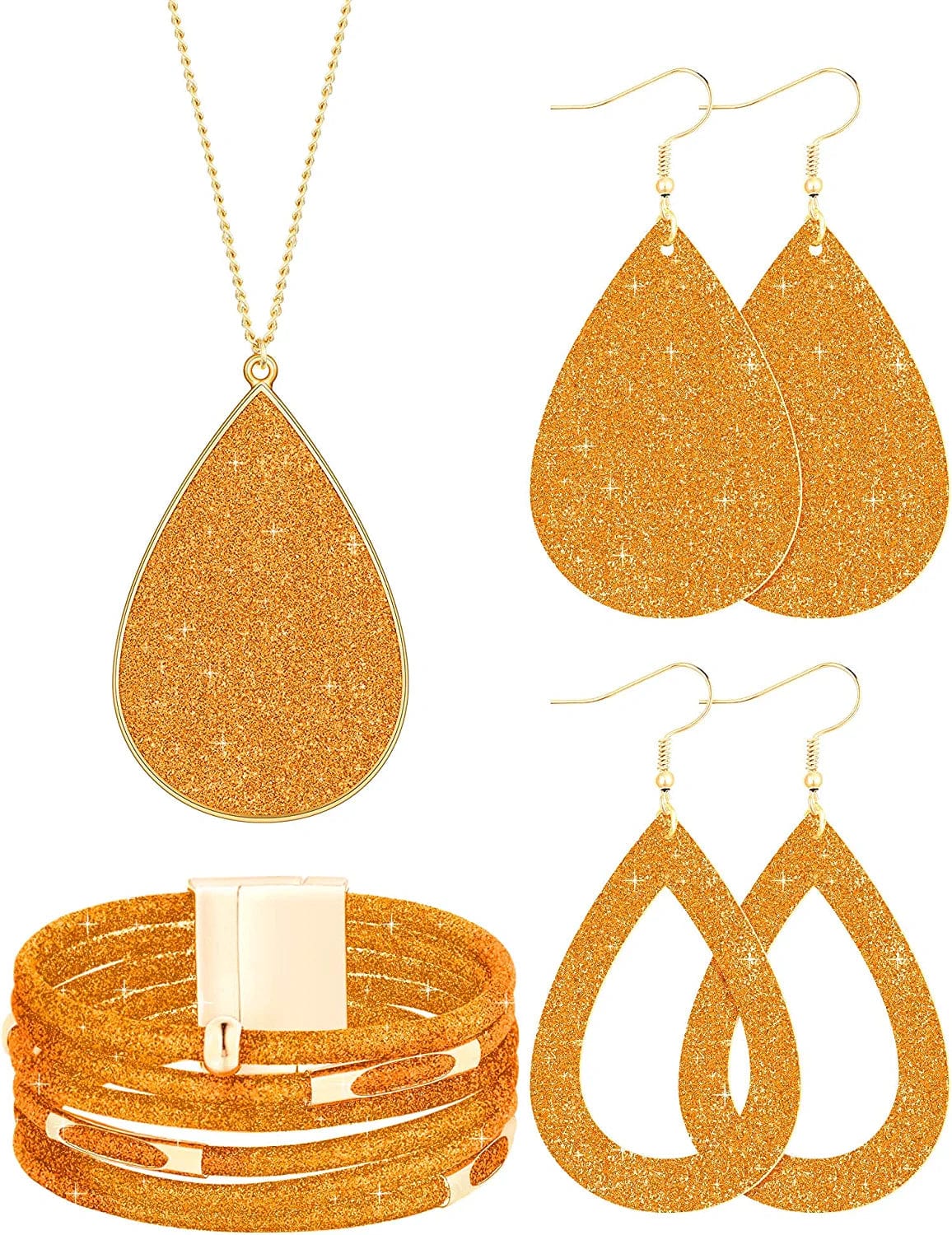 4 Pieces Women'S Glitter Jewelry Set Bridal Wedding Multi-Layer Bracelet Faux Leather Dangle Earrings Necklace Orange