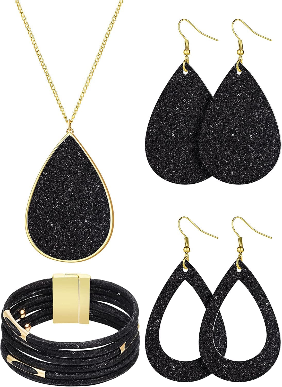 4 Pieces Women'S Glitter Jewelry Set Bridal Wedding Multi-Layer Bracelet Faux Leather Dangle Earrings Necklace Black