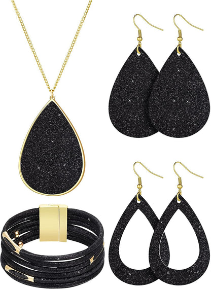 4 Pieces Women'S Glitter Jewelry Set Bridal Wedding Multi-Layer Bracelet Faux Leather Dangle Earrings Necklace Black