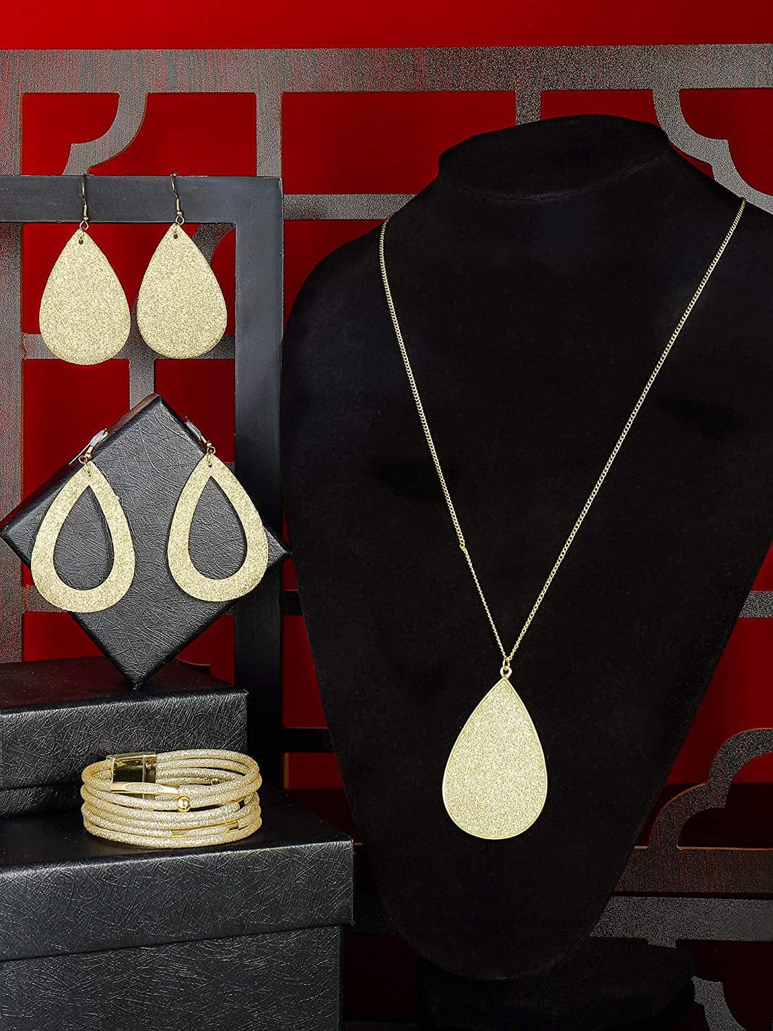 4 Pieces Women'S Glitter Jewelry Set Bridal Wedding Multi-Layer Bracelet Faux Leather Dangle Earrings Necklace