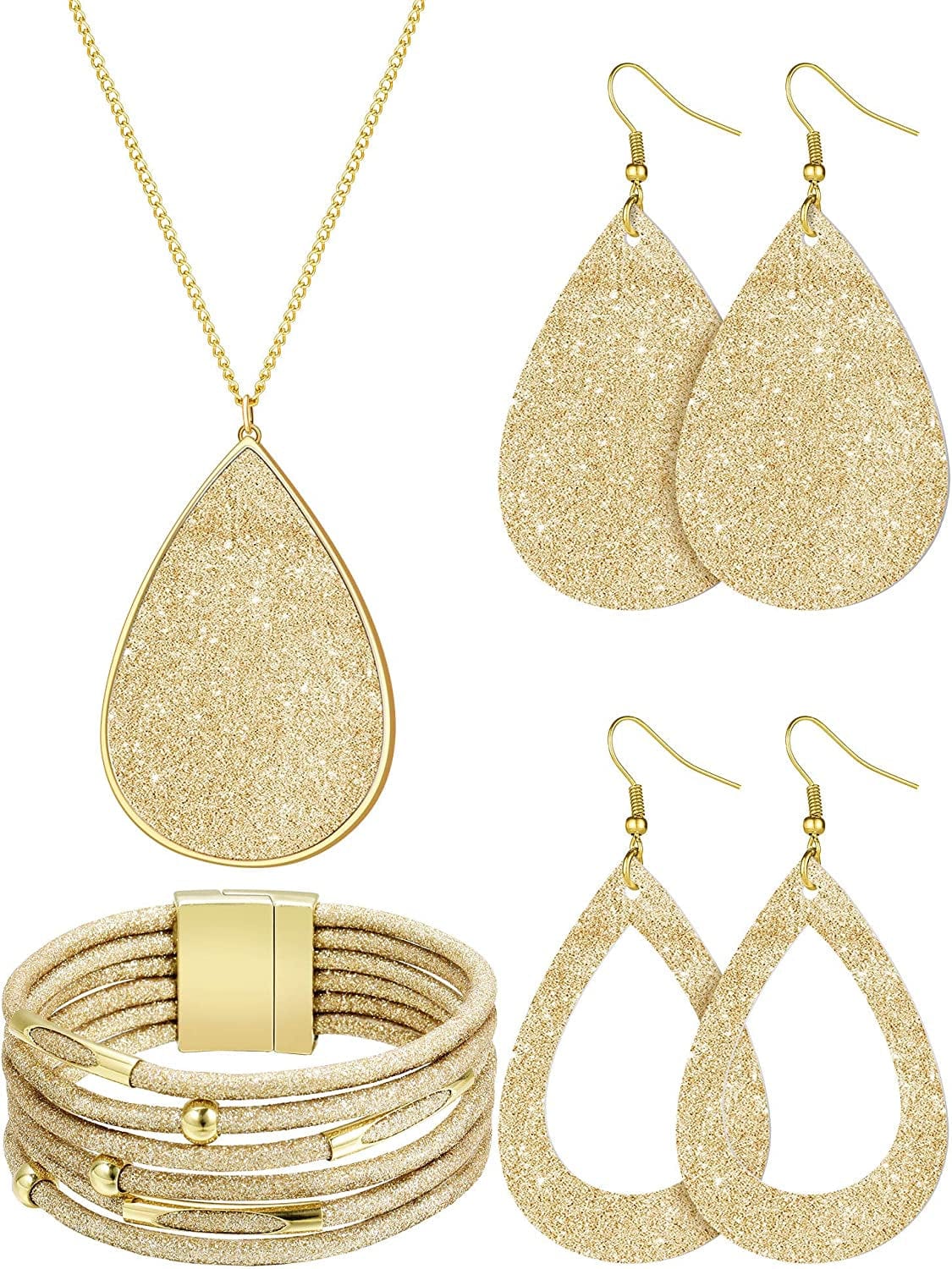 4 Pieces Women'S Glitter Jewelry Set Bridal Wedding Multi-Layer Bracelet Faux Leather Dangle Earrings Necklace Gold