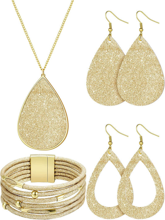 4 Pieces Women'S Glitter Jewelry Set Bridal Wedding Multi-Layer Bracelet Faux Leather Dangle Earrings Necklace Gold