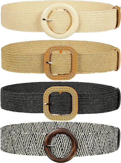 4 Pieces Woven Elastic Waist Belt for Women Straw Woven Style Skinny Dress Belt Waist Band with Vintage Buckle for Women Ladies Dresses Pants, 4 Styles Apparel & Accessories > Clothing Accessories > Belts Geyoga   