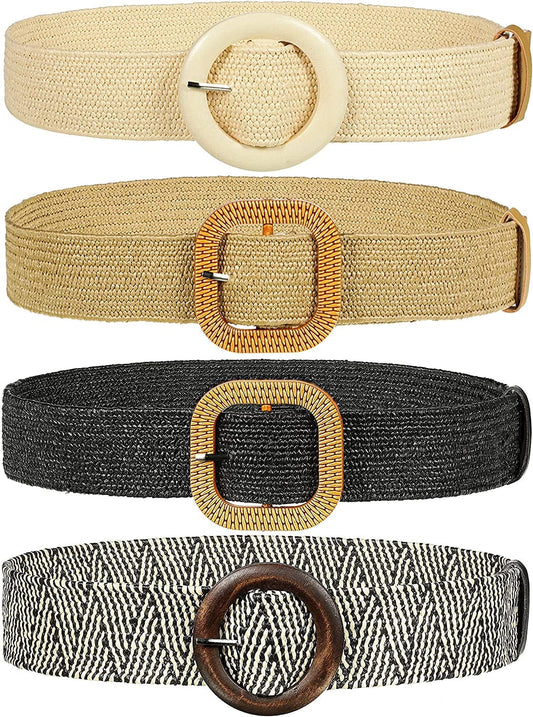 4 Pieces Woven Elastic Waist Belt for Women Straw Woven Style Skinny Dress Belt Waist Band with Vintage Buckle for Women Ladies Dresses Pants, 4 Styles Apparel & Accessories > Clothing Accessories > Belts Geyoga   