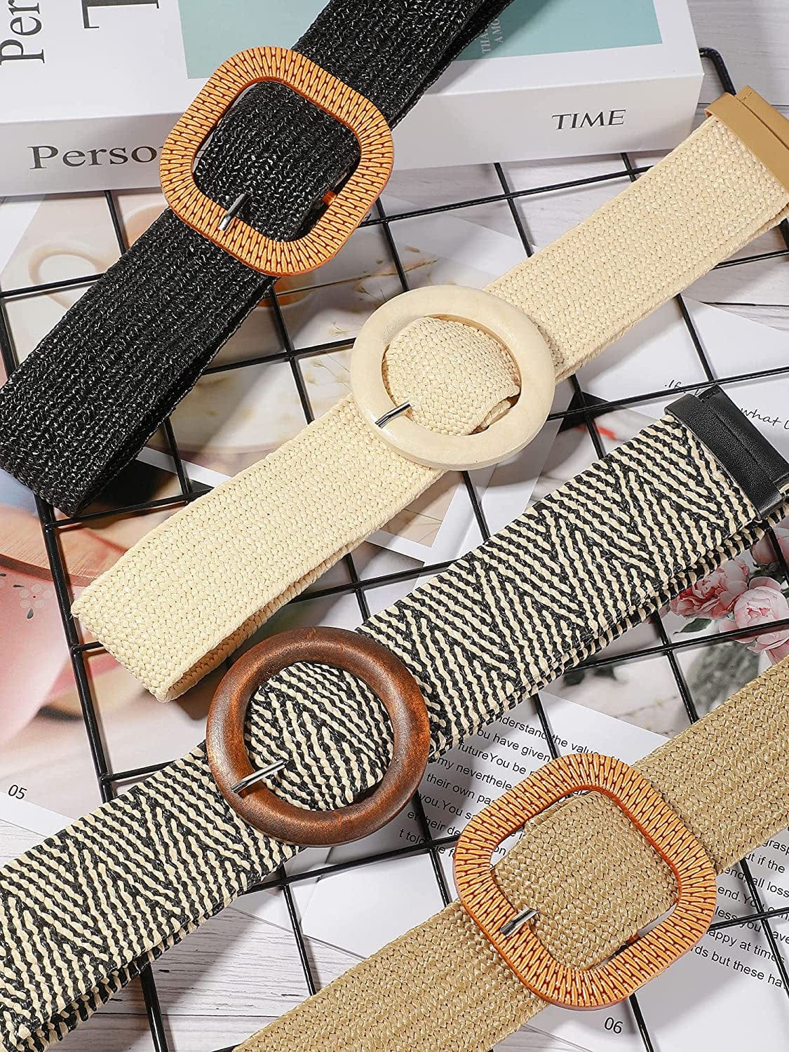 4 Pieces Woven Elastic Waist Belt for Women Straw Woven Style Skinny Dress Belt Waist Band with Vintage Buckle for Women Ladies Dresses Pants, 4 Styles Apparel & Accessories > Clothing Accessories > Belts Geyoga   