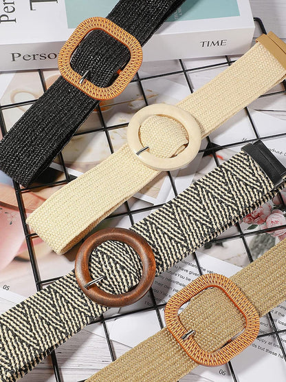4 Pieces Woven Elastic Waist Belt for Women Straw Woven Style Skinny Dress Belt Waist Band with Vintage Buckle for Women Ladies Dresses Pants, 4 Styles Apparel & Accessories > Clothing Accessories > Belts Geyoga   