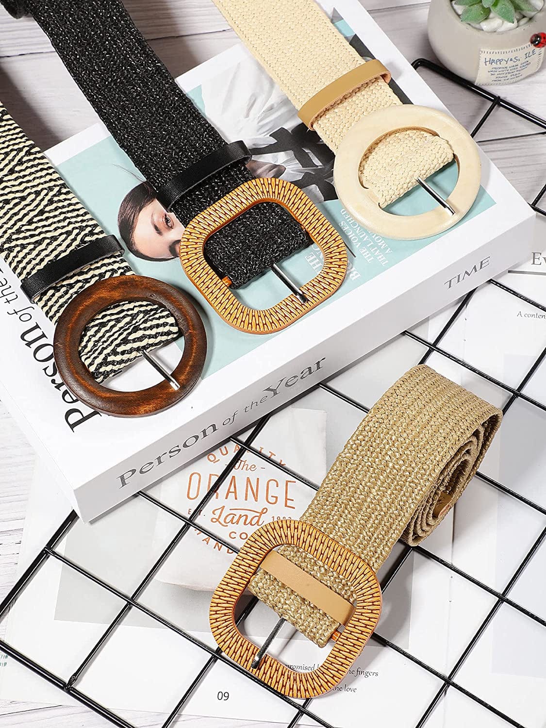 4 Pieces Woven Elastic Waist Belt for Women Straw Woven Style Skinny Dress Belt Waist Band with Vintage Buckle for Women Ladies Dresses Pants, 4 Styles Apparel & Accessories > Clothing Accessories > Belts Geyoga   