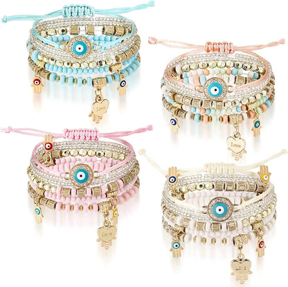 4 Sets Bohemian Stretch Beads Bracelets Multilayer Evil Eye Hamsa Hand Bracelet Bohemian Bracelet Handmade Stackable Charm Bracelets for Women Lucky Protection Beaded Hamsa Bracelet Apparel & Accessories > Jewelry > Bracelets Jadive Cute Colors  