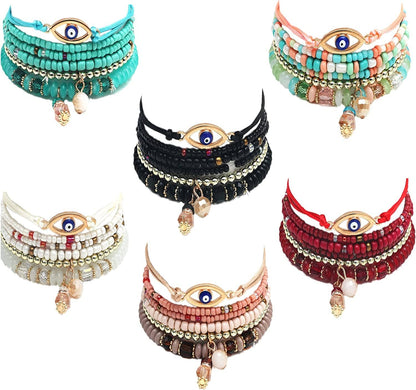 4 Sets Bohemian Stretch Beads Bracelets Multilayer Evil Eye Hamsa Hand Bracelet Boho Charms Stretch Stackable Bracelet Handmade Multicolor Crystal Beaded Lucky Protection Bangles Strand Bracelet Set hollow