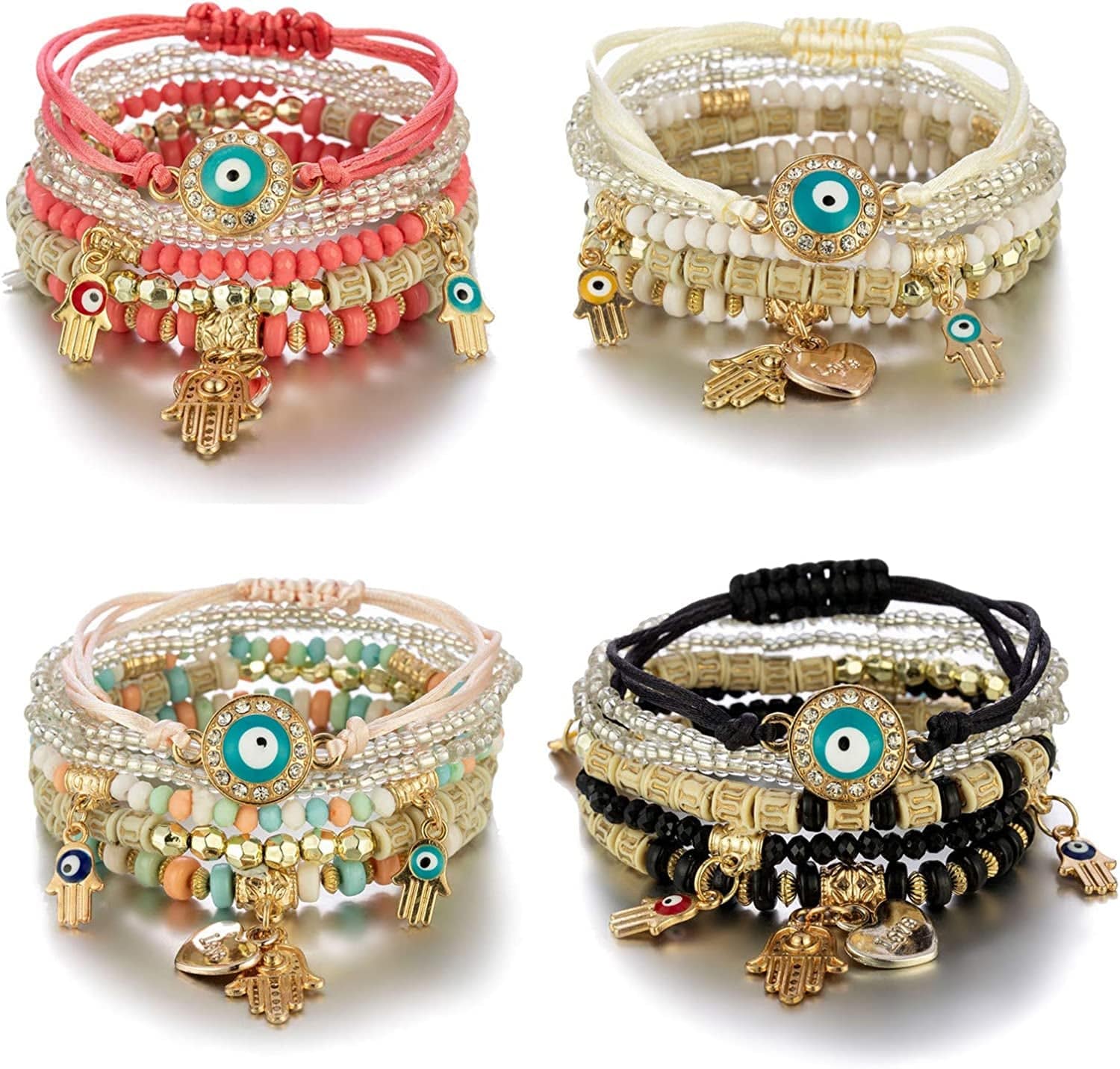 4 Sets Bohemian Stretch Beads Bracelets Multilayer Evil Eye Hamsa Hand Bracelet Boho Charms Stretch Stackable Bracelet Handmade Multicolor Crystal Beaded Lucky Protection Bangles Strand Bracelet Set Multicolor