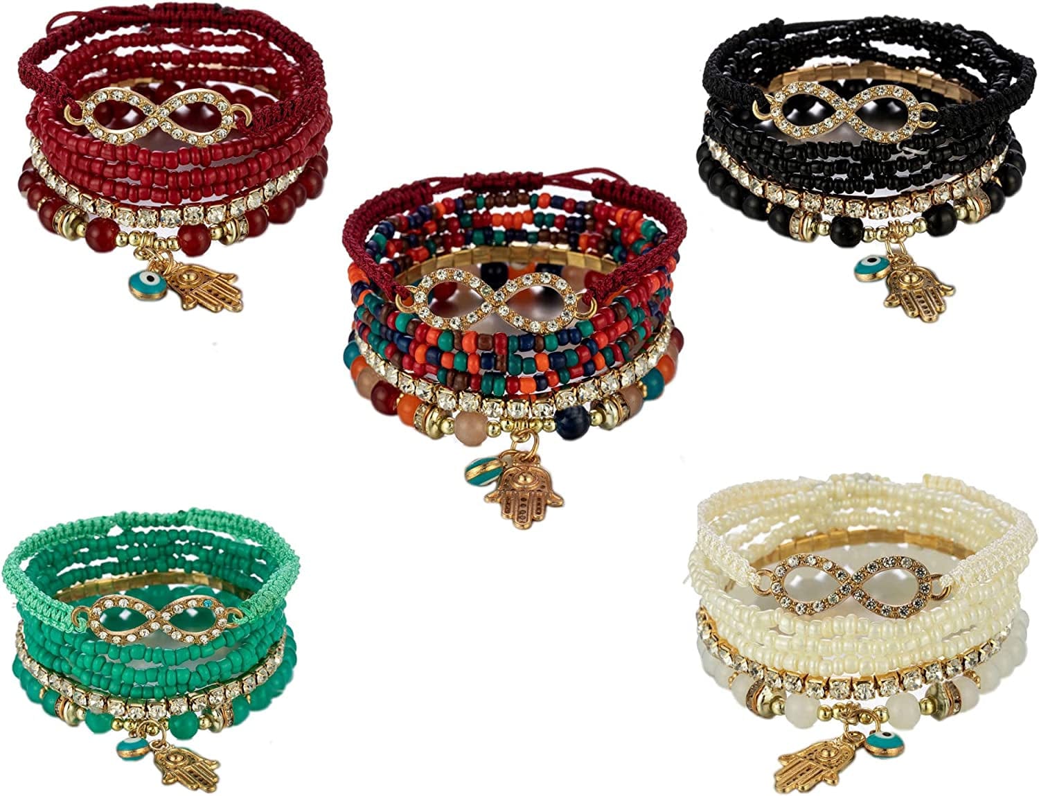 4 Sets Bohemian Stretch Beads Bracelets Multilayer Evil Eye Hamsa Hand Bracelet Boho Charms Stretch Stackable Bracelet Handmade Multicolor Crystal Beaded Lucky Protection Bangles Strand Bracelet Set infinite
