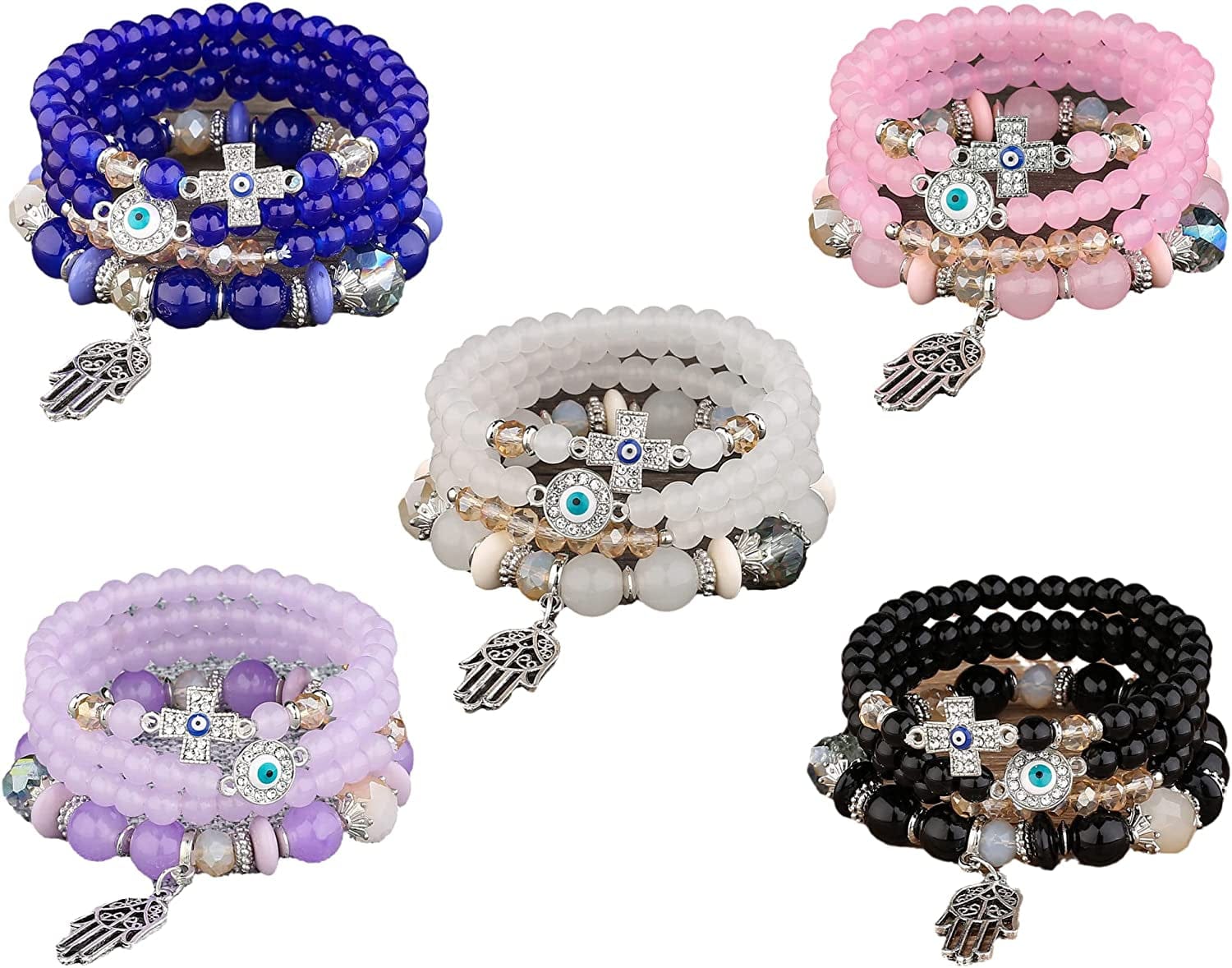 4 Sets Bohemian Stretch Beads Bracelets Multilayer Evil Eye Hamsa Hand Bracelet Boho Charms Stretch Stackable Bracelet Handmade Multicolor Crystal Beaded Lucky Protection Bangles Strand Bracelet Set cross