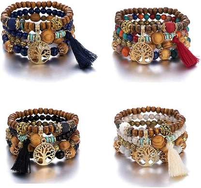 4 Sets Bohemian Stretch Beads Bracelets Multilayer Evil Eye Hamsa Hand Bracelet Boho Charms Stretch Stackable Bracelet Handmade Multicolor Crystal Beaded Lucky Protection Bangles Strand Bracelet Set 4sets tree