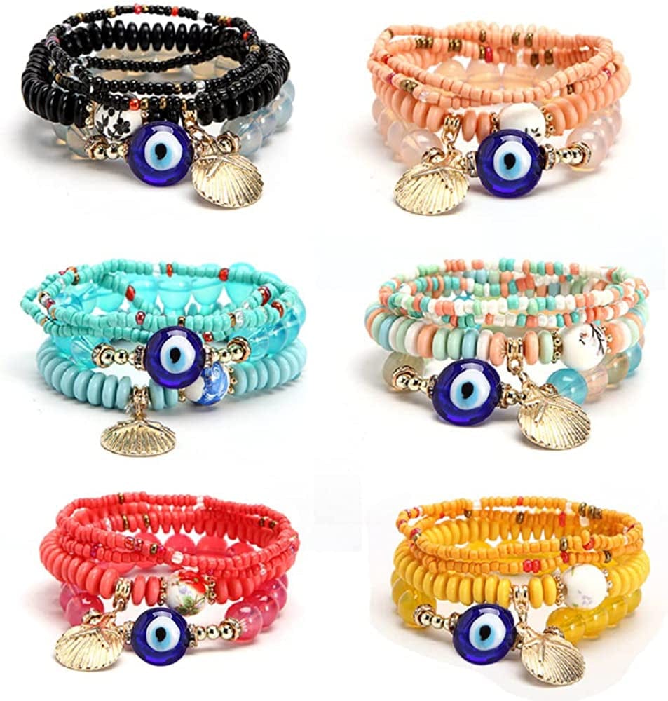 4 Sets Bohemian Stretch Beads Bracelets Multilayer Evil Eye Hamsa Hand Bracelet Boho Charms Stretch Stackable Bracelet Handmade Multicolor Crystal Beaded Lucky Protection Bangles Strand Bracelet Set 6sets evileye