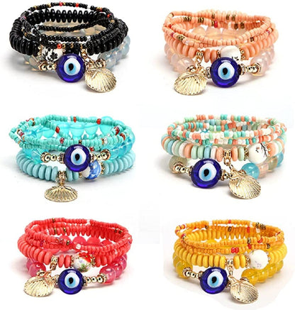 4 Sets Bohemian Stretch Beads Bracelets Multilayer Evil Eye Hamsa Hand Bracelet Boho Charms Stretch Stackable Bracelet Handmade Multicolor Crystal Beaded Lucky Protection Bangles Strand Bracelet Set 6sets evileye