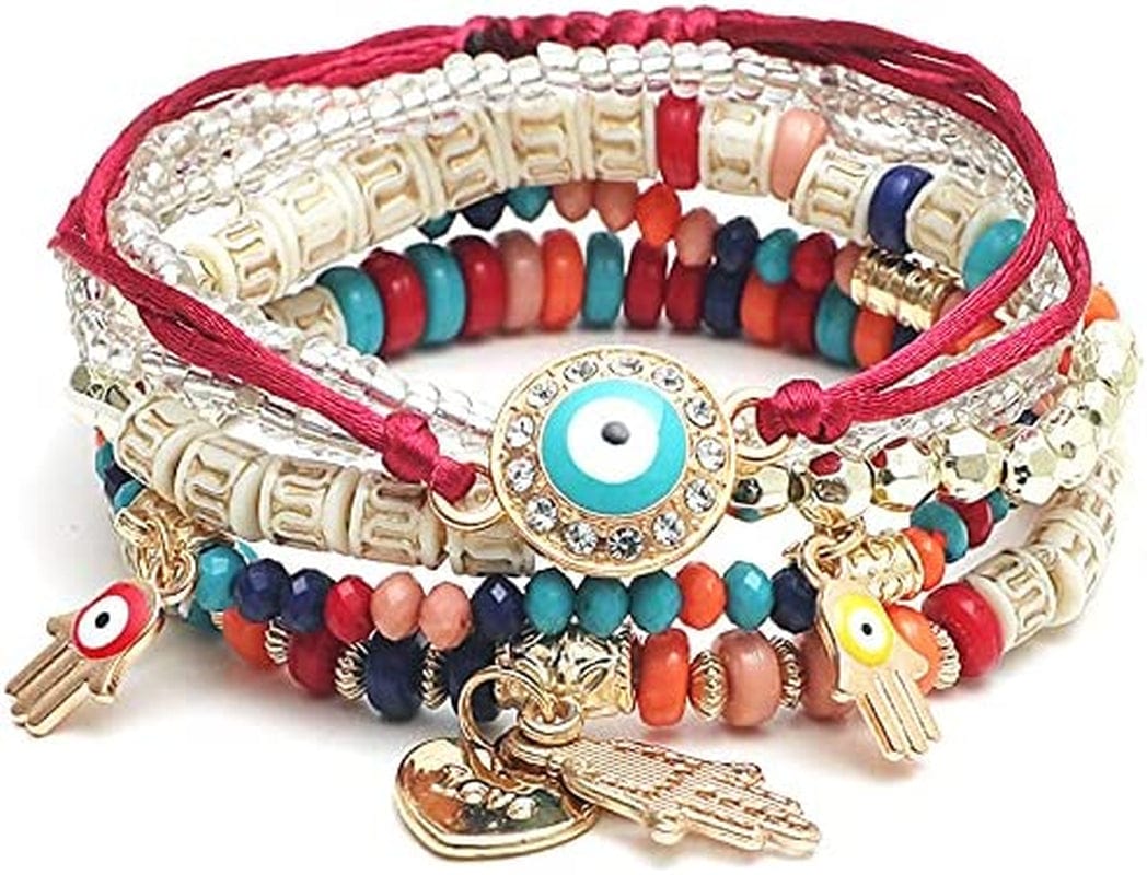 4 Sets Bohemian Stretch Beads Bracelets Multilayer Evil Eye Hamsa Hand Bracelet Boho Charms Stretch Stackable Bracelet Handmade Multicolor Crystal Beaded Lucky Protection Bangles Strand Bracelet Set