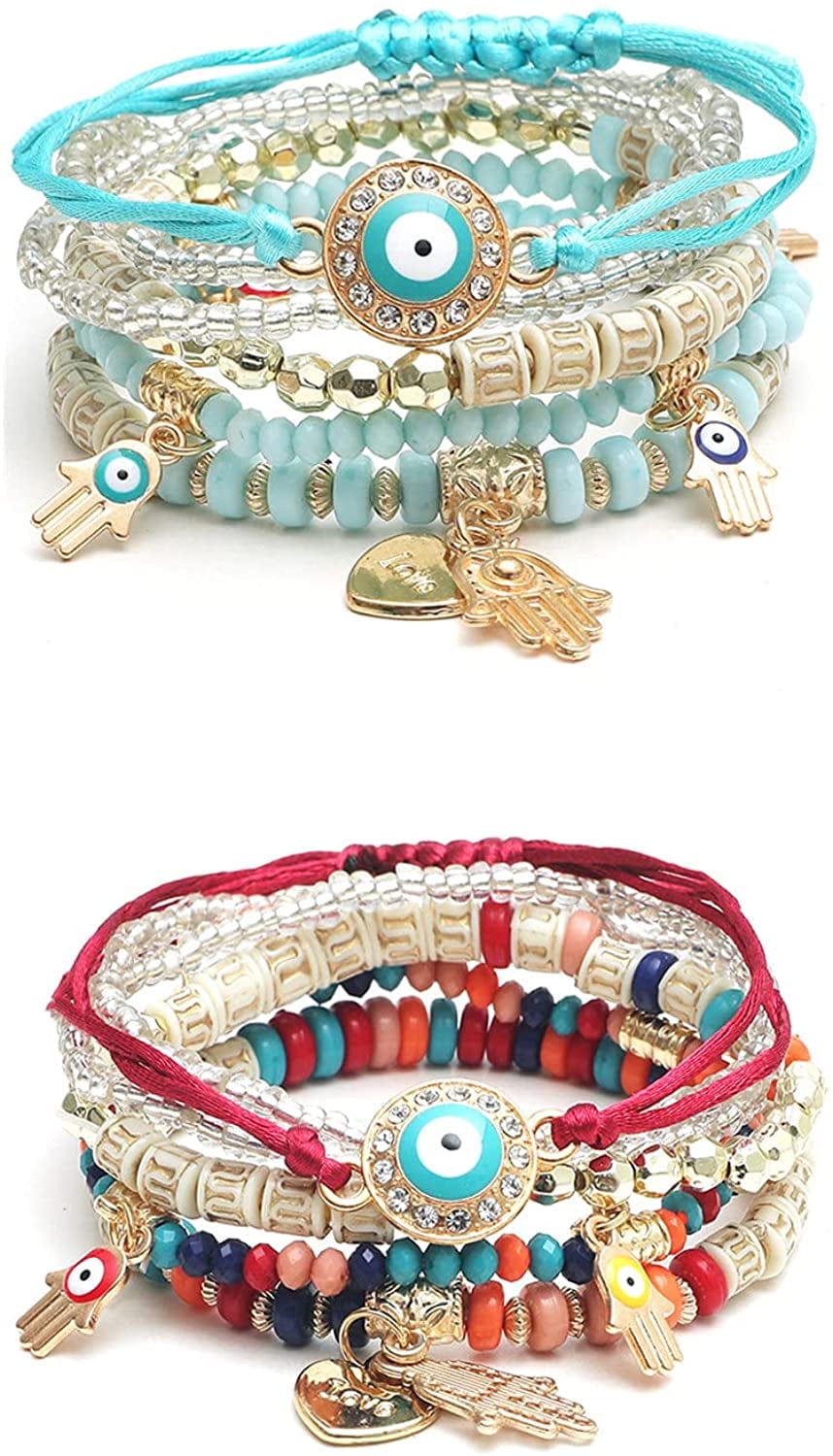 4 Sets Bohemian Stretch Beads Bracelets Multilayer Evil Eye Hamsa Hand Bracelet Boho Charms Stretch Stackable Bracelet Handmade Multicolor Crystal Beaded Lucky Protection Bangles Strand Bracelet Set 2 Sets