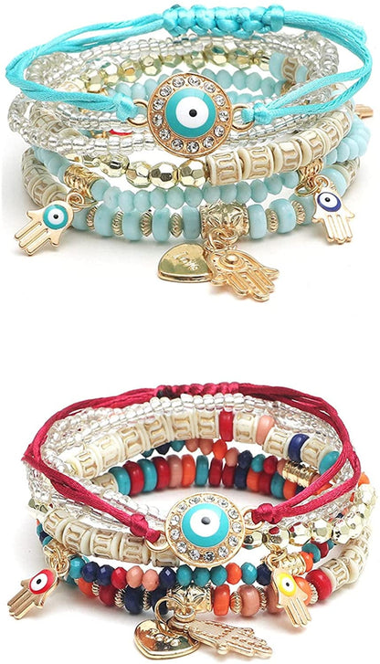 4 Sets Bohemian Stretch Beads Bracelets Multilayer Evil Eye Hamsa Hand Bracelet Boho Charms Stretch Stackable Bracelet Handmade Multicolor Crystal Beaded Lucky Protection Bangles Strand Bracelet Set 2 Sets