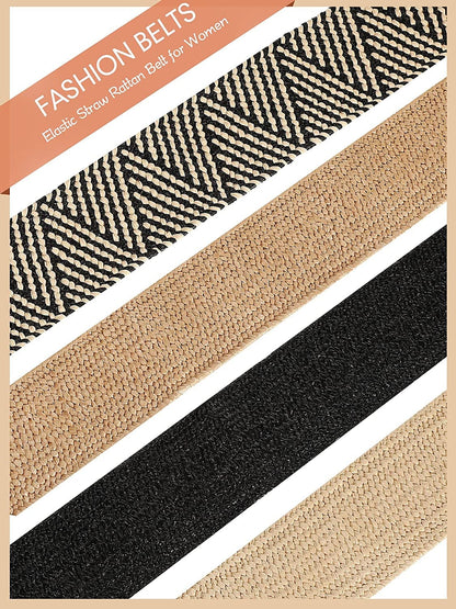 4 Styles Women Belts for Dresses, Elastic Straw Rattan Waist Band with Wood Buckle Fan-Shape round Buckle for Women, Girls, White, Black, Beige, Stripe Apparel & Accessories > Clothing Accessories > Belts Geyoga   