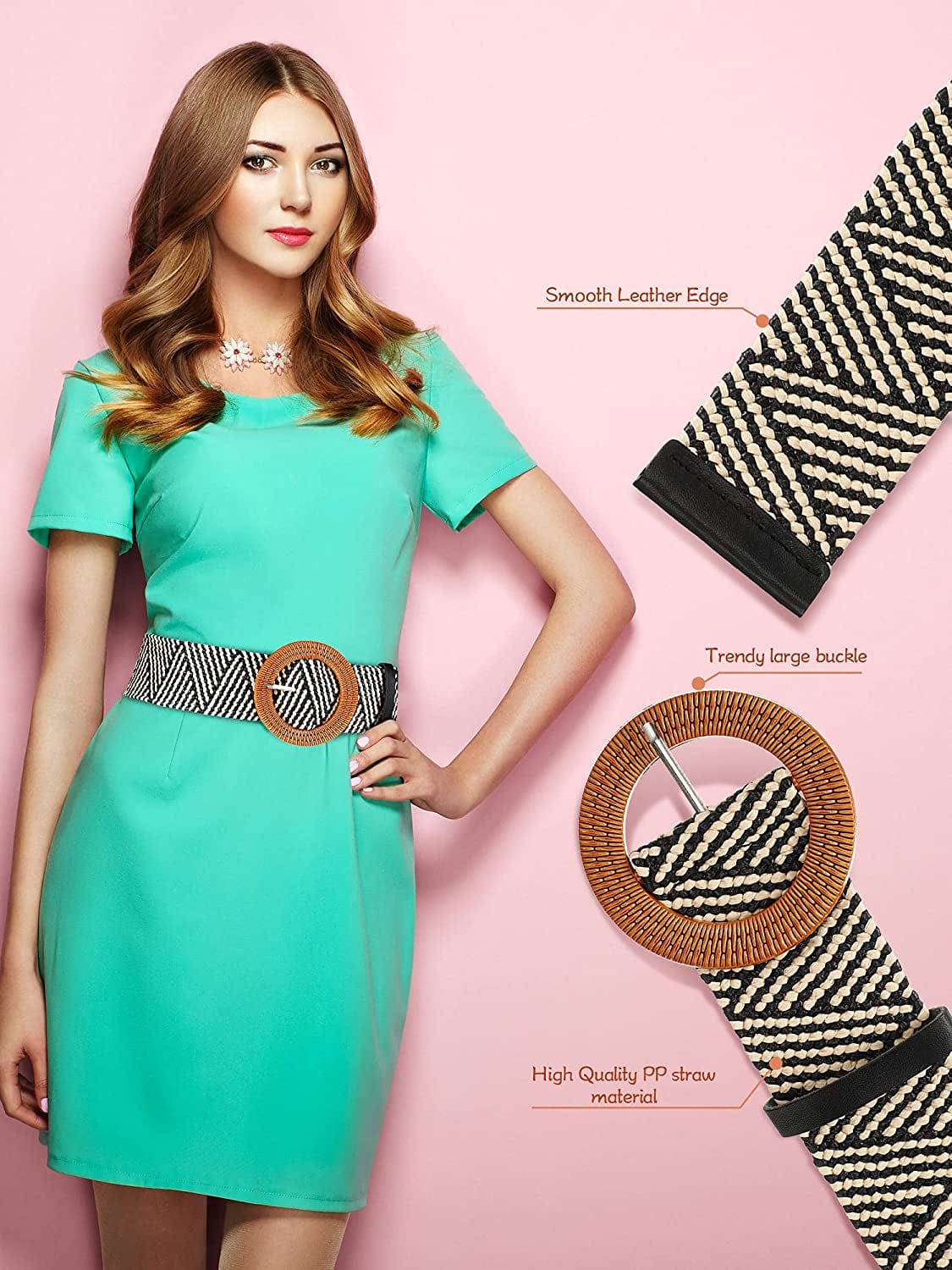 4 Styles Women Belts for Dresses, Elastic Straw Rattan Waist Band with Wood Buckle Fan-Shape round Buckle for Women, Girls, White, Black, Beige, Stripe Apparel & Accessories > Clothing Accessories > Belts Geyoga   
