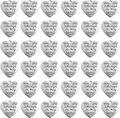 , 40 Pack Alloy You Are Always in My Heart Charms Pendant for Crafting Bracelet Necklace Jewelry Findings Making Accessory Silver