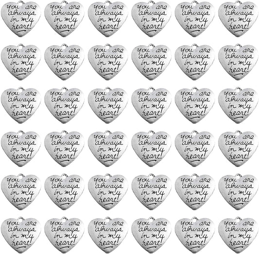 , 40 Pack Alloy You Are Always in My Heart Charms Pendant for Crafting Bracelet Necklace Jewelry Findings Making Accessory Silver