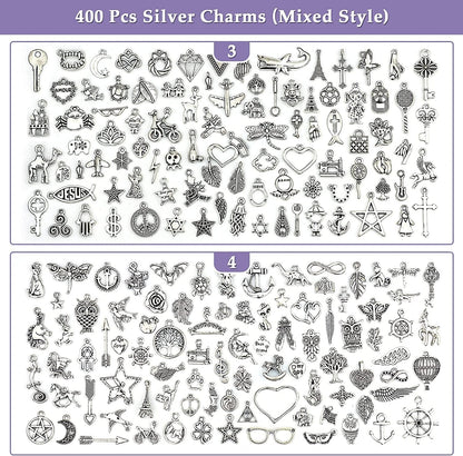 400 PCS Wholesale Bulk Lots Jewelry Making Charms Mixed Smooth Tibetan Silver Alloy Charms Pendants DIY for Bracelet Necklace Jewelry Making and Crafting