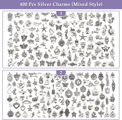 400 PCS Wholesale Bulk Lots Jewelry Making Charms Mixed Smooth Tibetan Silver Alloy Charms Pendants DIY for Bracelet Necklace Jewelry Making and Crafting