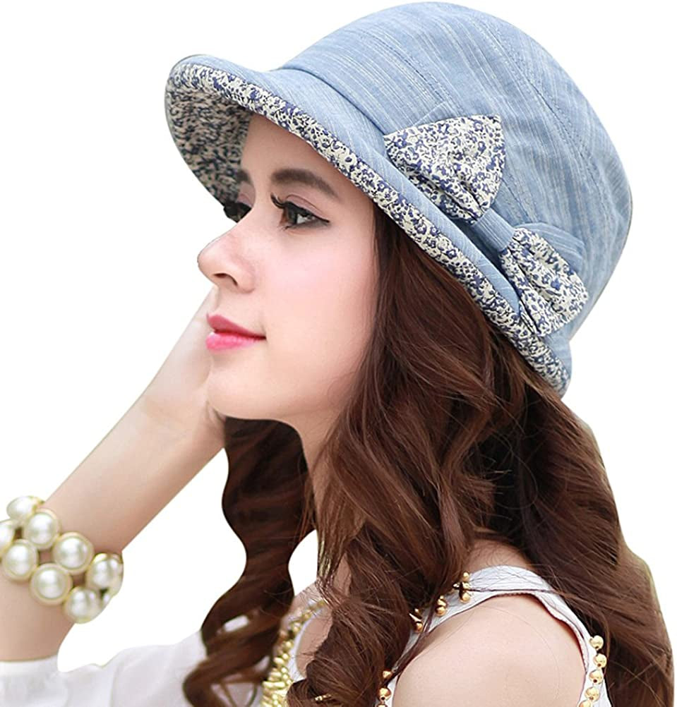 CACUSS Women'S Foldable Floral Bucket Hat Rolled Brim with Bowknot Apparel & Accessories > Clothing Accessories > Hats CACUSS Blue  