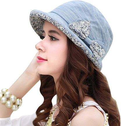 CACUSS Women'S Foldable Floral Bucket Hat Rolled Brim with Bowknot Apparel & Accessories > Clothing Accessories > Hats CACUSS Blue  