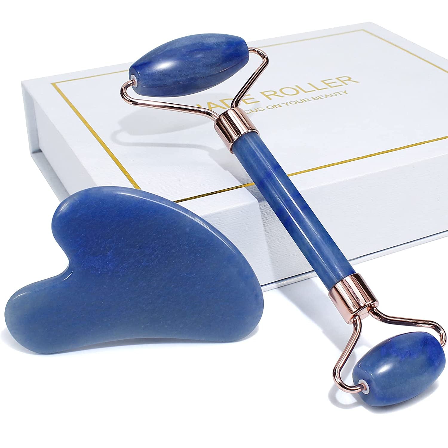 Jade Roller & Gua Sha, Face Roller, Facial Beauty Roller Skin Care Tools, BAIMEI Rose Quartz Massager for Face, Eyes, Neck, Body Muscle Relaxing and Relieve Fine Lines and Wrinkles Health & Beauty > Personal Care > Cosmetics > Cosmetic Tools > Skin Care Tools BAIMEI C-2pcs-blue  