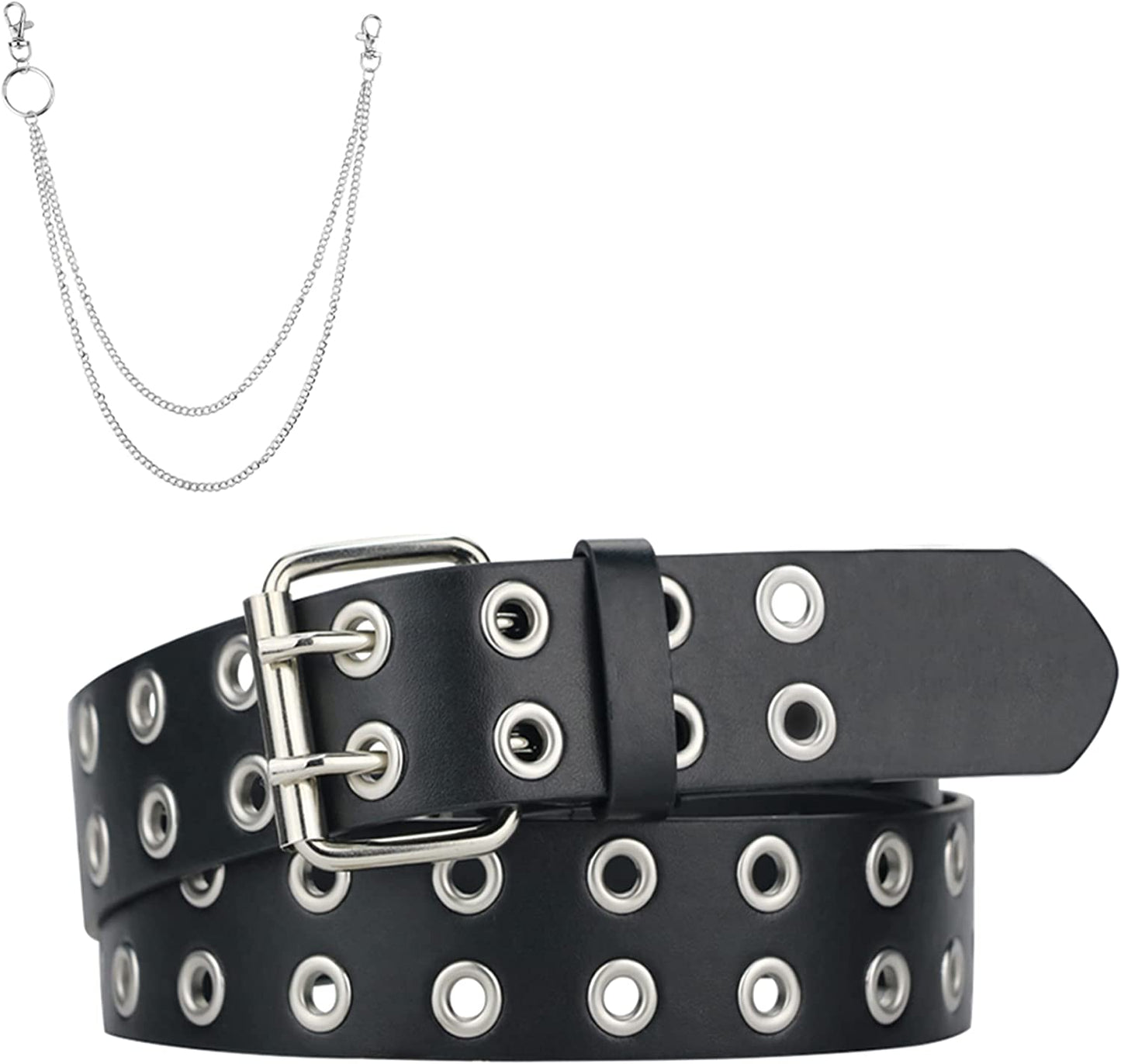 Grommet Leather Belts for Women, Black Belt Women Men with Double Studded Holes Apparel & Accessories > Clothing Accessories > Belts macoking Black-double Holes With Chains Fit for waist up to 37" 