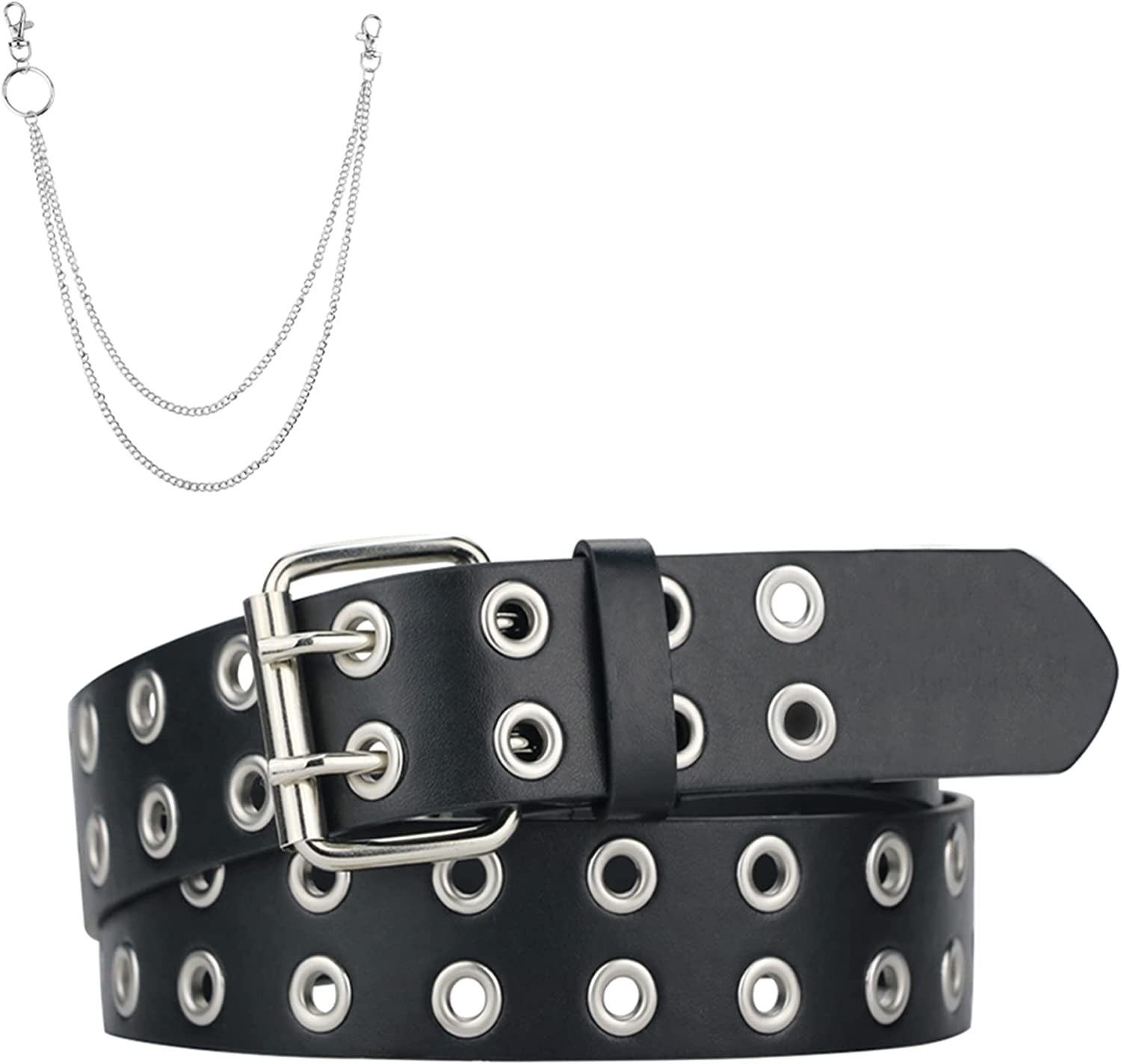 Grommet Leather Belts for Women, Black Belt Women Men with Double Studded Holes Apparel & Accessories > Clothing Accessories > Belts macoking Black-double Holes With Chains Fit for waist up to 37" 