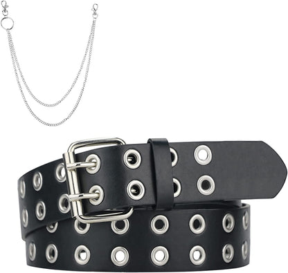 Grommet Leather Belts for Women, Black Belt Women Men with Double Studded Holes Apparel & Accessories > Clothing Accessories > Belts macoking Black-double Holes With Chains Fit for waist up to 37" 
